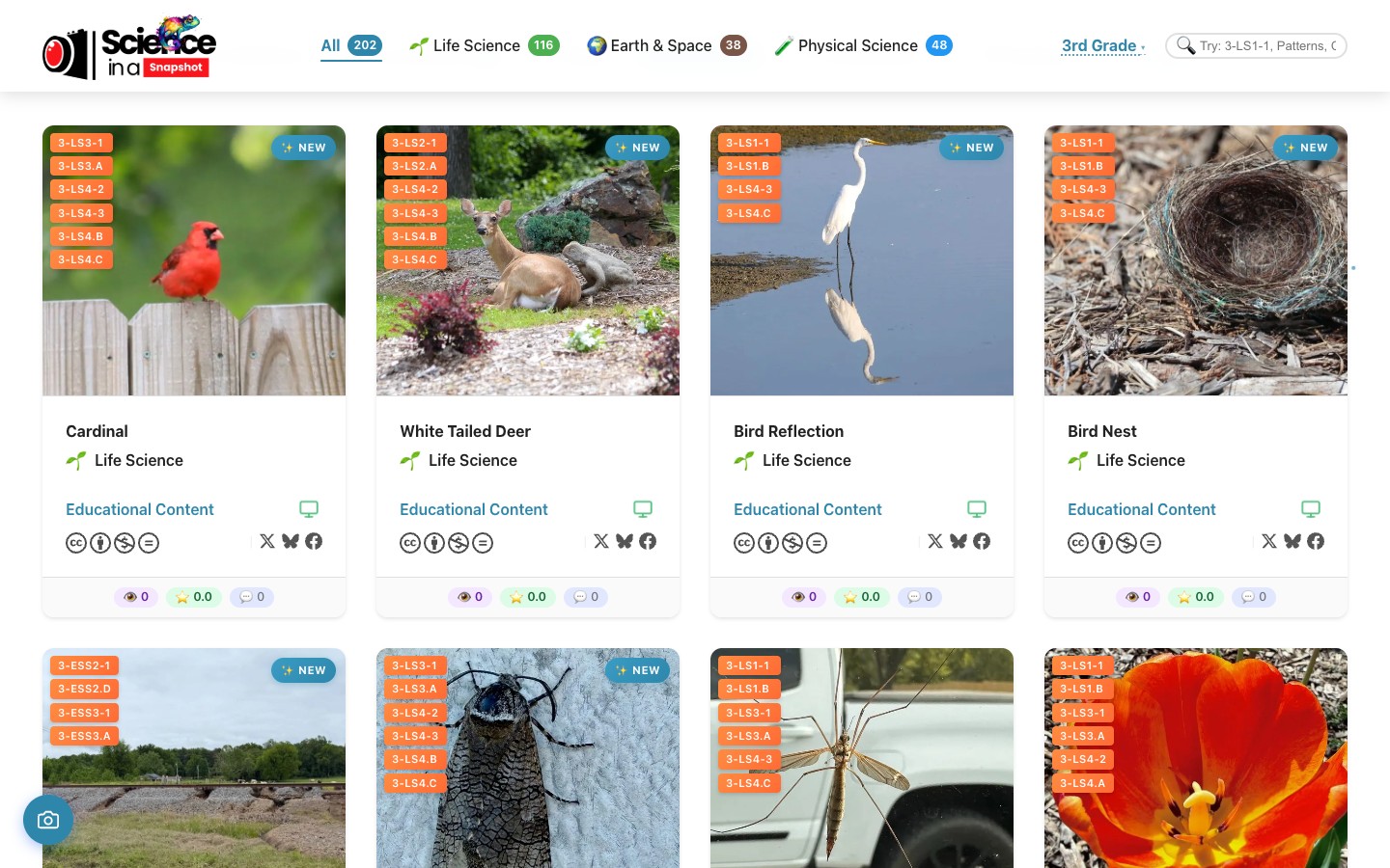 SIAS gallery showing category tabs with live photo counts for All, Life Science, Earth & Space, and Physical Science, and a grid of science photograph cards