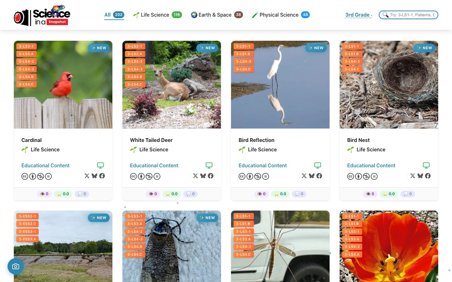 SIAS gallery with sticky nav showing category tabs and 3rd Grade selector dropdown, plus NGSS code overlay badges on each photo card