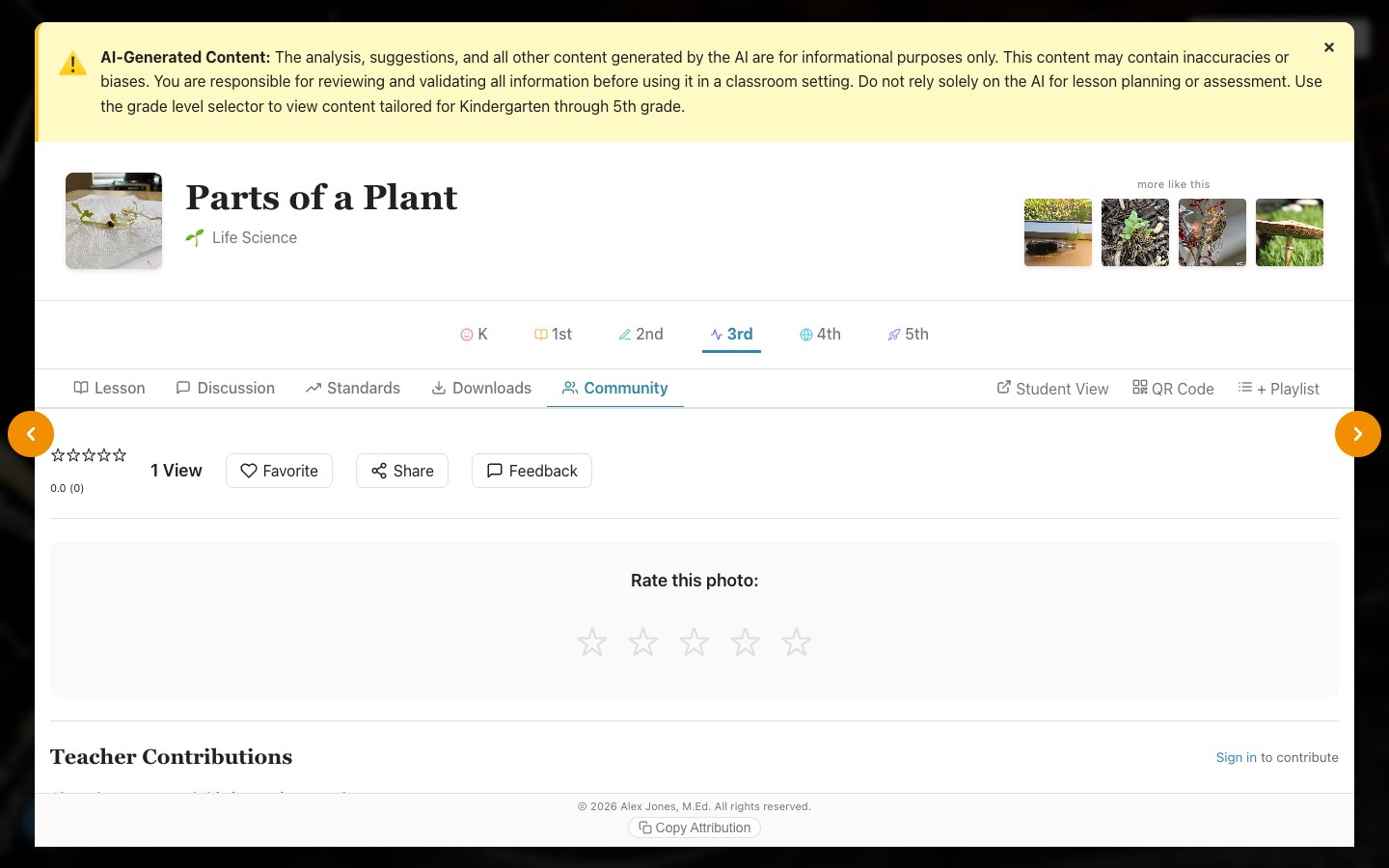 Community tab showing star rating widget, teacher comments section, and copy attribution button