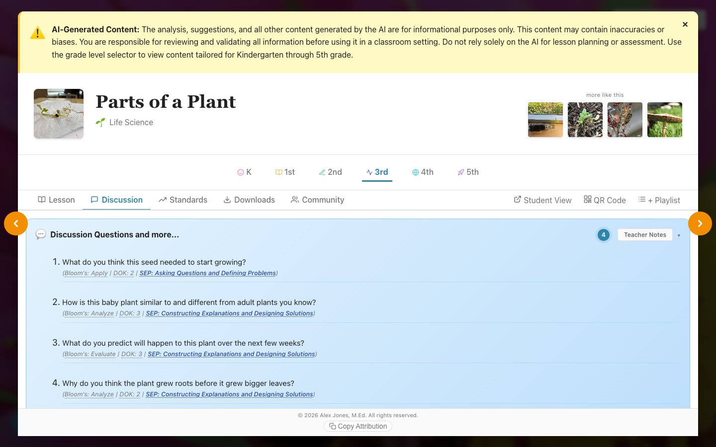 Discussion tab for Parts of a Plant at third grade, listing four numbered discussion questions, each labelled underneath with its Bloom's level, DOK level, and the science and engineering practice it calls for, with a Teacher Notes button at the top right