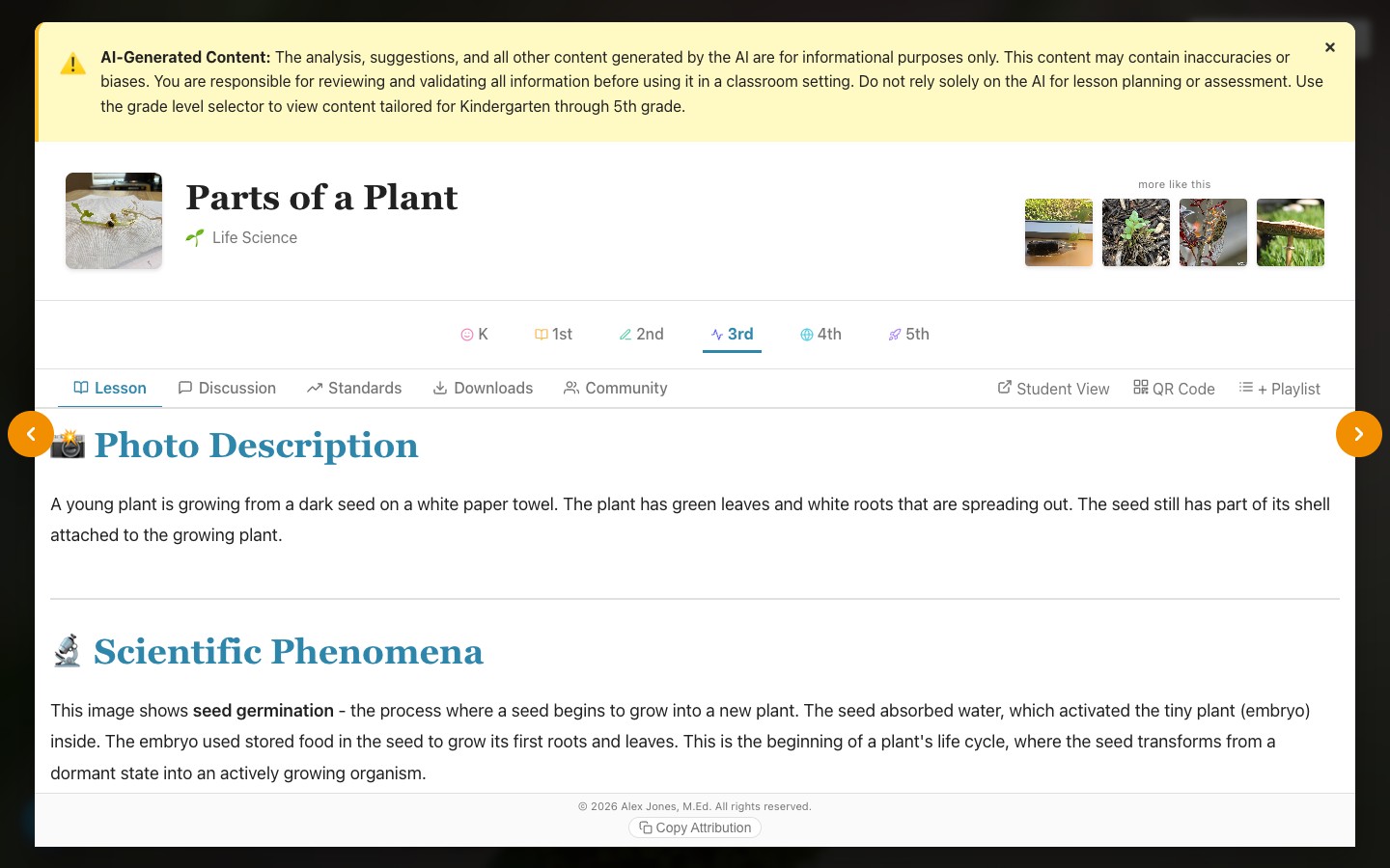 Photo modal for Parts of a Plant showing the Lesson tab with Photo Description and Scientific Phenomena sections, grade buttons K through 5th, and tab bar including Lesson, Discussion, Standards, Downloads, Community