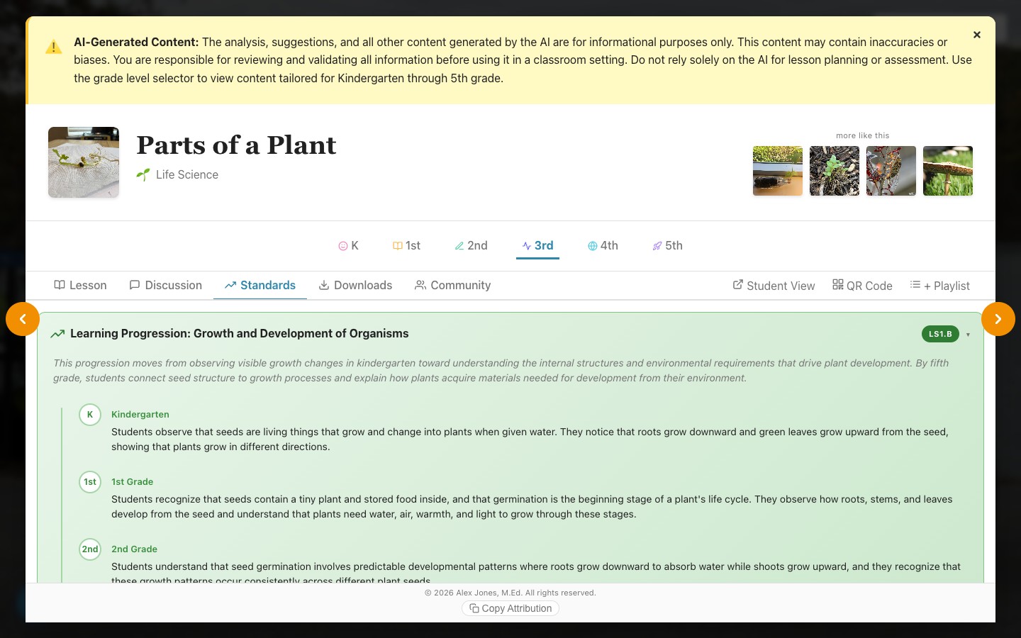 Standards tab for Parts of a Plant showing a Learning Progression panel for Growth and Development of Organisms, tagged LS1.B, with what students understand at kindergarten, first grade, and second grade set out in sequence
