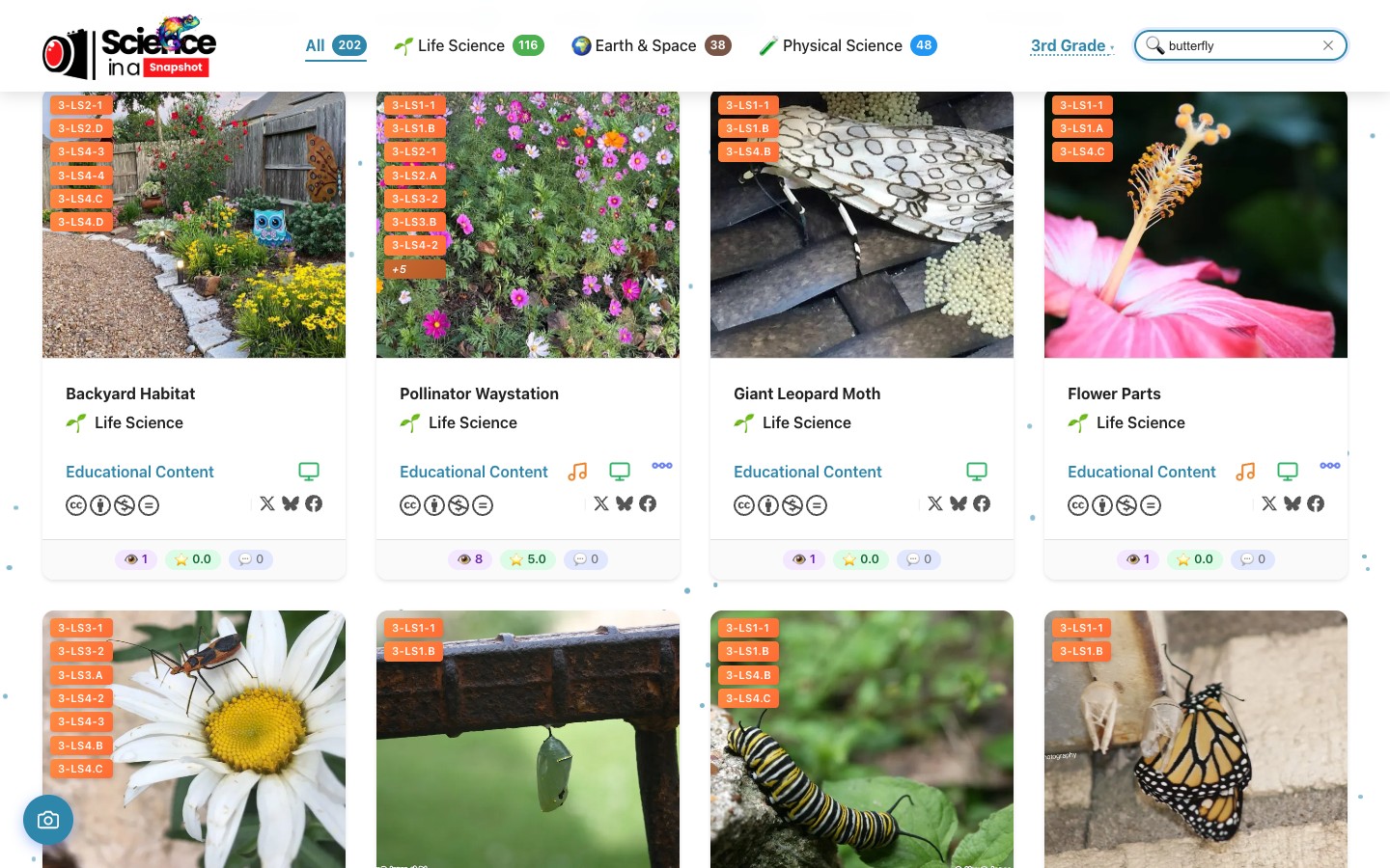 SIAS search bar with the word butterfly typed, showing real-time filtered results