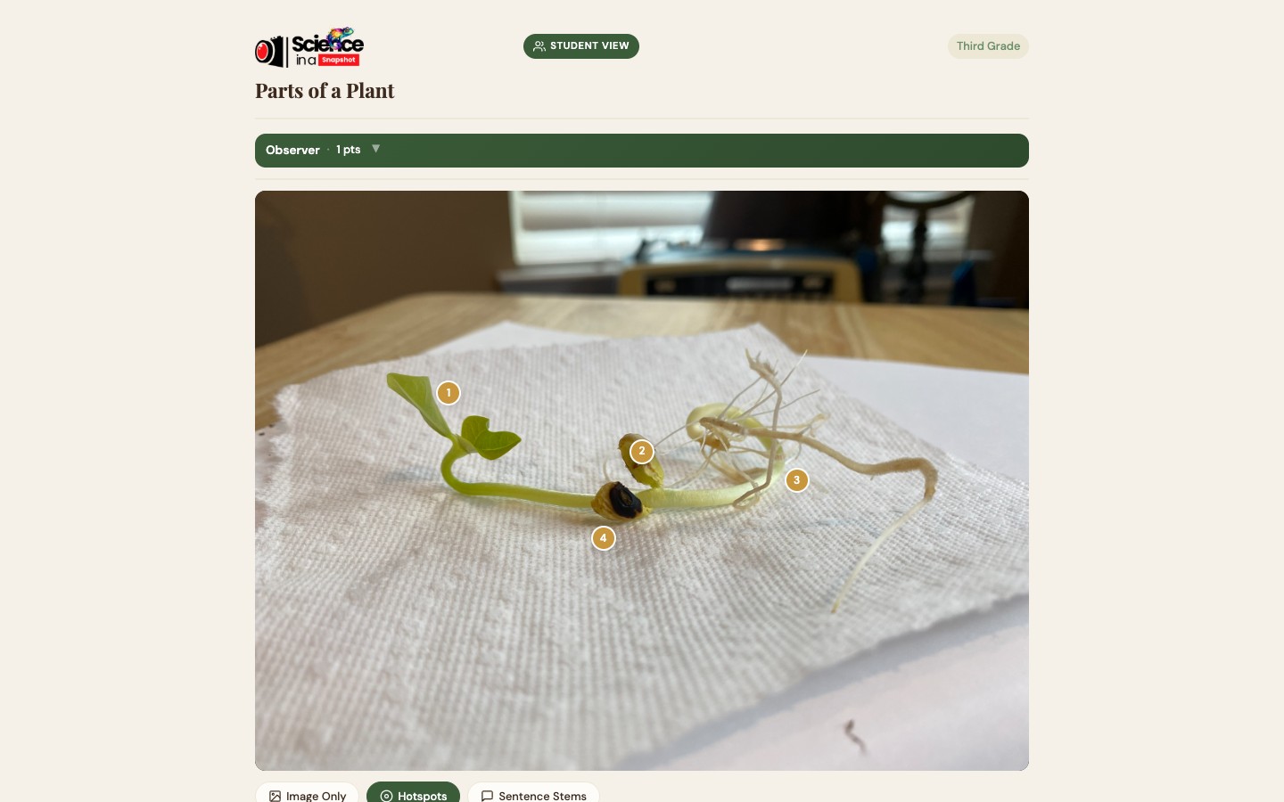 Student View page showing Parts of a Plant with the SIAS logo, Student View badge, Third Grade label, and an interactive photograph with hotspot dots numbered 1–4
